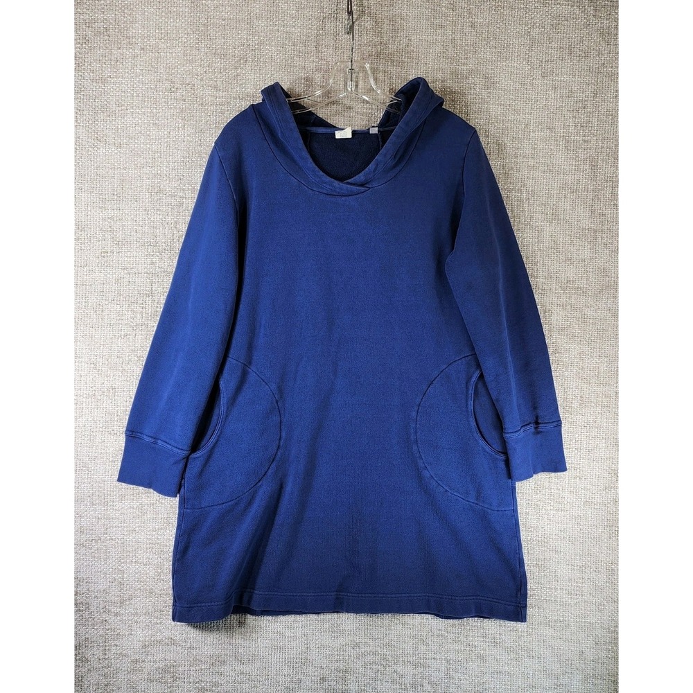 Toad & Co Dresspass II Hooded Sweatshirt Dress Womens L Blue Organic Cotton Blnd